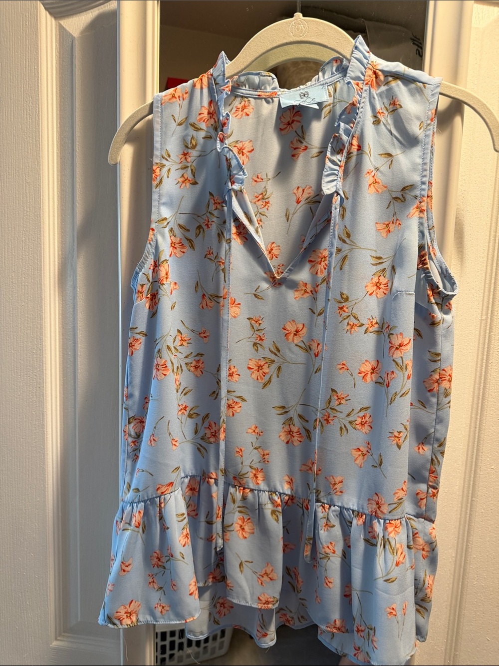 CeCe Light Blue Floral Ruffle Hem Sleeveless Top